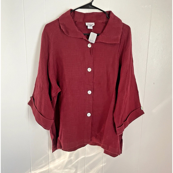 TooFan Womens 100% Linen Top Size M Button Down Red Boxy Lagenlook Relaxed Fit - Picture 1 of 9